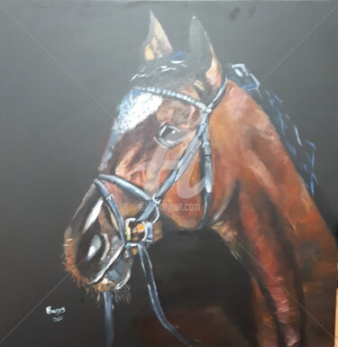Painting titled "Cheval harnais" by Valérie Barrett, Original Artwork, Acrylic Mounted on Wood Stretcher frame