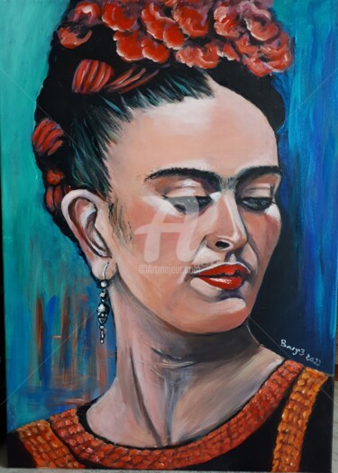 Painting titled "Frida Khalo" by Valérie Barrett, Original Artwork, Acrylic Mounted on Wood Stretcher frame