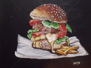 Painting titled "cheeseburger" by Valérie Barrett, Original Artwork, Acrylic Mounted on Wood Stretcher frame