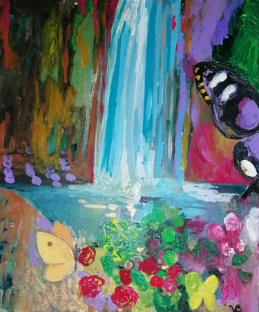 Painting titled "Cascade aux papillo…" by Valérie Blum (Valery), Original Artwork, Acrylic Mounted on Wood Stretcher frame