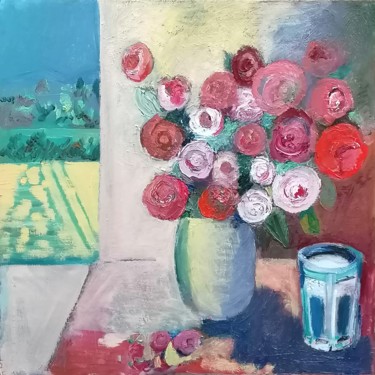 Painting titled "Roses rouges devant…" by Valérie Blum (Valery), Original Artwork, Pastel Mounted on Cardboard