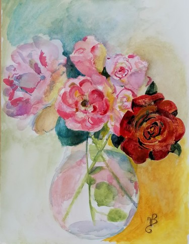 Drawing titled "Les roses" by Valérie Blum (Valery), Original Artwork, Watercolor