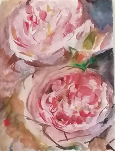 Rysunek zatytułowany „Les pivoines roses” autorstwa Valérie Blum (Valery), Oryginalna praca, Akwarela