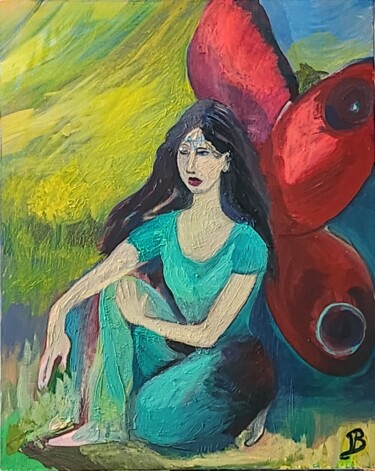 Painting titled "Pose d'une elfe" by Valérie Blum (Valery), Original Artwork, Oil Mounted on Wood Stretcher frame
