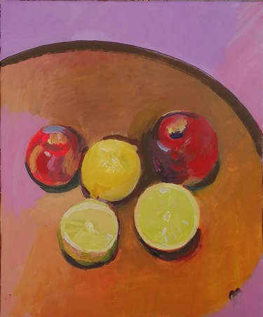 Malerei mit dem Titel "Bergamotes et pommes" von Valérie Blum (Valery), Original-Kunstwerk, Acryl