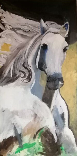 Schilderij getiteld "Cheval blanc 2" door Valérie Blum (Valery), Origineel Kunstwerk, Acryl Gemonteerd op Frame voor houten…