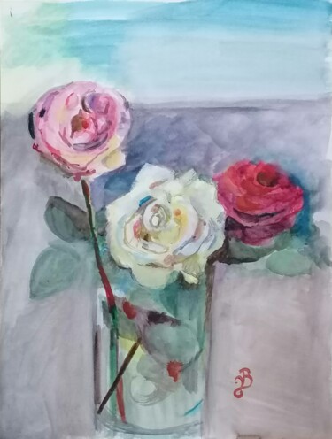 Painting titled "Les 3 roses" by Valérie Blum (Valery), Original Artwork, Watercolor