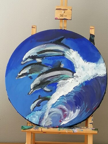Painting titled "dauphins" by Valérie Blum (Valery), Original Artwork, Acrylic Mounted on Wood Stretcher frame