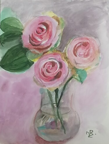 Zeichnungen mit dem Titel "Les trois roses" von Valérie Blum (Valery), Original-Kunstwerk, Aquarell