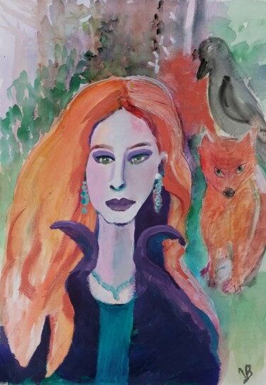 Malerei mit dem Titel "Fée de la forêt" von Valérie Blum (Valery), Original-Kunstwerk, Aquarell