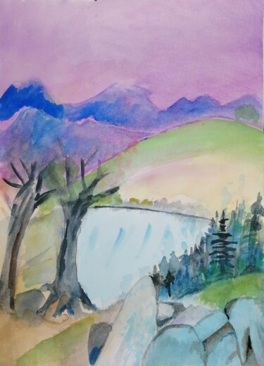 Pintura intitulada "Le lac" por Valérie Blum (Valery), Obras de arte originais, Aquarela
