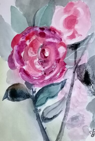 Malerei mit dem Titel "Mon amie la rose" von Valérie Blum (Valery), Original-Kunstwerk, Aquarell