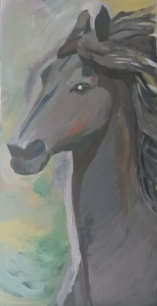 Painting titled "Cheval brun au galop" by Valérie Blum (Valery), Original Artwork, Acrylic Mounted on Wood Stretcher frame