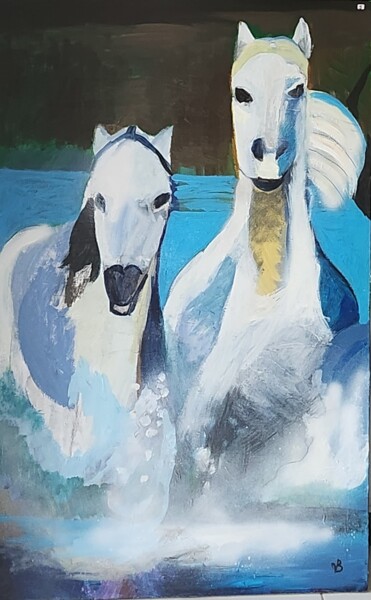 Painting titled "Chevaux camarguais 2" by Valérie Blum (Valery), Original Artwork, Acrylic Mounted on Wood Stretcher frame