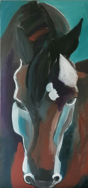 Painting titled "Tête de cheval" by Valérie Blum (Valery), Original Artwork, Acrylic Mounted on Wood Stretcher frame