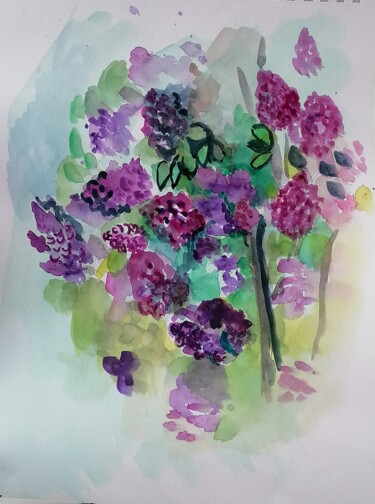 Drawing titled "arbuste de lilas" by Valérie Blum (Valery), Original Artwork, Watercolor