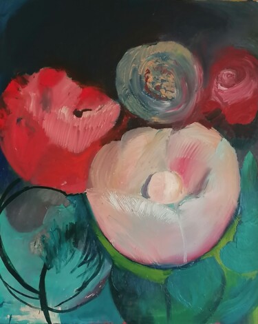 Painting titled "Pivoines 2" by Valérie Blum (Valery), Original Artwork, Oil Mounted on Wood Stretcher frame