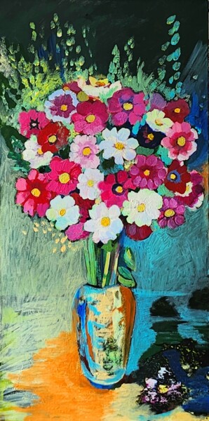 Painting titled "Bouquet de cosmos" by Valérie Blum (Valery), Original Artwork, Acrylic Mounted on Wood Stretcher frame