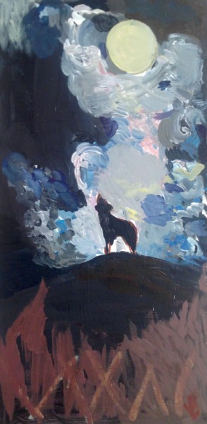 Painting titled "Loup et lune" by Valérie Blum (Valery), Original Artwork, Acrylic