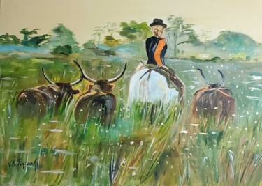 Painting titled "La gardiane" by Valérie Boulou-Tigranoff, Original Artwork, Oil Mounted on Wood Stretcher frame