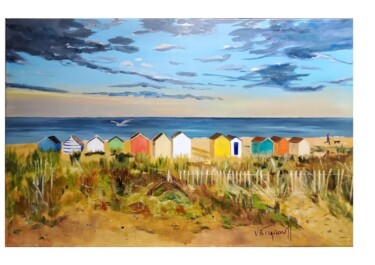 Painting titled "Cabines de plage" by Valérie Boulou-Tigranoff, Original Artwork, Oil