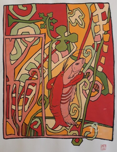 Disegno intitolato "The red lobster qua…" da Valérie Caroline Genty, Opera d'arte originale, Inchiostro