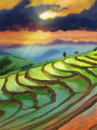Цифровое искусство под названием "Rice fields" - Valérie Catanzaro, Подлинное произведение искусства, Цифровая живопись