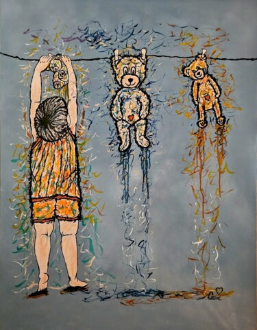 Картина под названием "La petite lessive" - Valérie Coeur, Подлинное произведение искусства, Акрил Установлен на Деревянная…