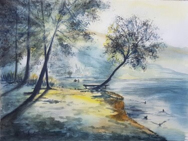 Painting titled "Le lac" by Valérie Crochard, Original Artwork, Watercolor