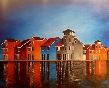 Pintura intitulada "Maisons et reflets" por Valerie De Iseppi, Obras de arte originais, Óleo