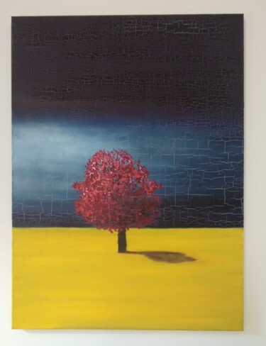 Malerei mit dem Titel "L'arbre rouge" von Valerie De Iseppi, Original-Kunstwerk, Öl Auf Keilrahmen aus Holz montiert