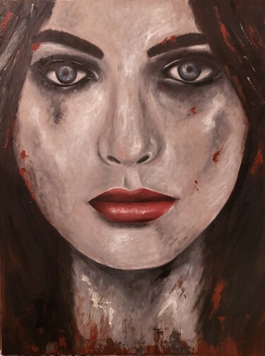 Painting titled "Visage" by Valerie De Iseppi, Original Artwork, Oil Mounted on Wood Stretcher frame