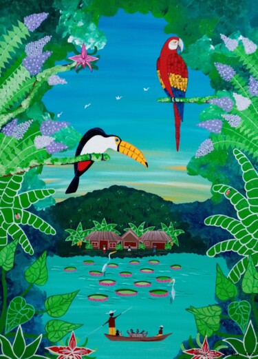 Painting titled "Paraiso" by Valérie De Paepe, Original Artwork, Acrylic Mounted on Wood Stretcher frame