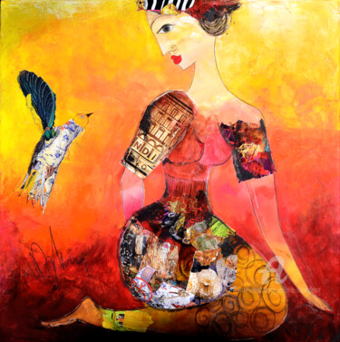 Schilderij getiteld "Femme à l'oiseau 03" door Valérie Depadova, Origineel Kunstwerk, Acryl