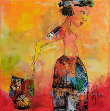 Malerei mit dem Titel "Femme au chariot 01" von Valérie Depadova, Original-Kunstwerk, Acryl