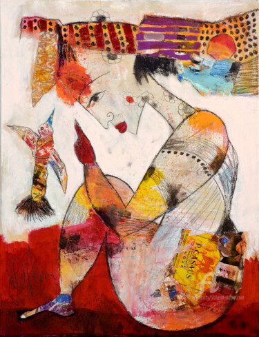 Картина под названием "Avec l'oiseau" - Valérie Depadova, Подлинное произведение искусства, Акрил