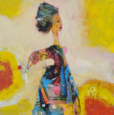 Ζωγραφική με τίτλο "Femme sur fond jaune" από Valérie Depadova, Αυθεντικά έργα τέχνης, Ακρυλικό