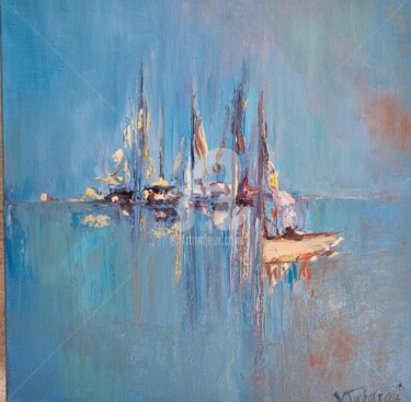 Painting titled "Mouillage" by Valerie Dragacci, Original Artwork, Oil Mounted on Wood Stretcher frame