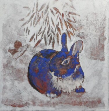 Peinture intitulée "Lapin bleu" par Valérie Eguchi, Œuvre d'art originale, Pigments Monté sur Châssis en bois