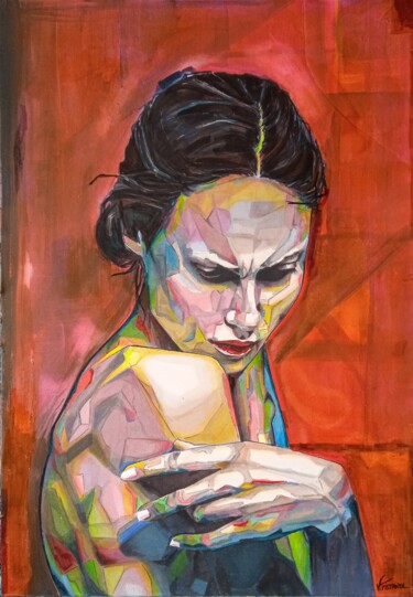 Pittura intitolato "Femme sur fond roug…" da Valérie Fistarol, Opera d'arte originale, Pennarello