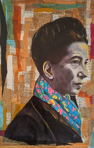 Colagens intitulada "Simone De Beauvoir" por Valérie Fistarol, Obras de arte originais, Colagens Montado em Cartão