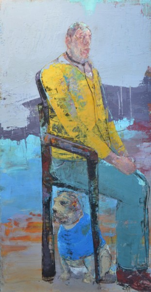 Картина под названием "Chien assis" - Valérie Jayat, Подлинное произведение искусства, Масло Установлен на Деревянная рама д…