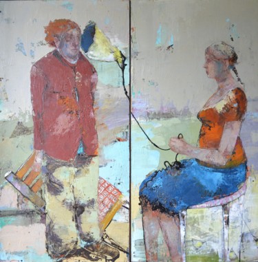 Schilderij getiteld "Sous la jupe" door Valérie Jayat, Origineel Kunstwerk, Olie Gemonteerd op Frame voor houten brancard