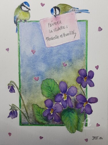 Malerei mit dem Titel "La violette, fleur…" von Valérie Jouffroy Ricotta, Original-Kunstwerk, Aquarell