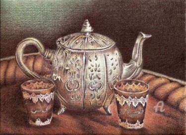 Dessin intitulée "Le thé à la menthe" par Valérie Jouffroy Ricotta, Œuvre d'art originale, Stylo à bille
