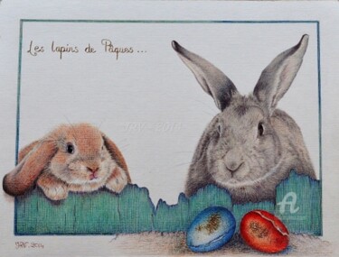 Dessin intitulée "Les lapins de Pâque…" par Valérie Jouffroy Ricotta, Œuvre d'art originale, Stylo à bille