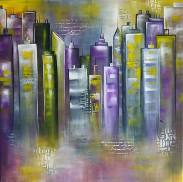 Painting titled "City O" by Valérie Lamarre, Original Artwork, Acrylic Mounted on Wood Stretcher frame