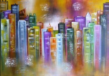 Painting titled "City C" by Valérie Lamarre, Original Artwork, Acrylic Mounted on Wood Stretcher frame