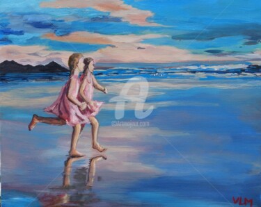 Painting titled "Sunset girls-sun-En…" by Valérie Le Meur, Original Artwork, Acrylic Mounted on Wood Stretcher frame