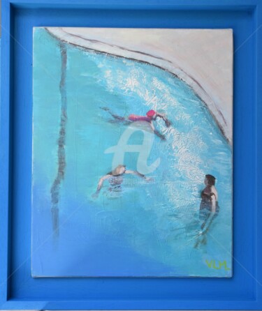 Painting titled "La piscine municipa…" by Valérie Le Meur, Original Artwork, Acrylic Mounted on Wood Stretcher frame